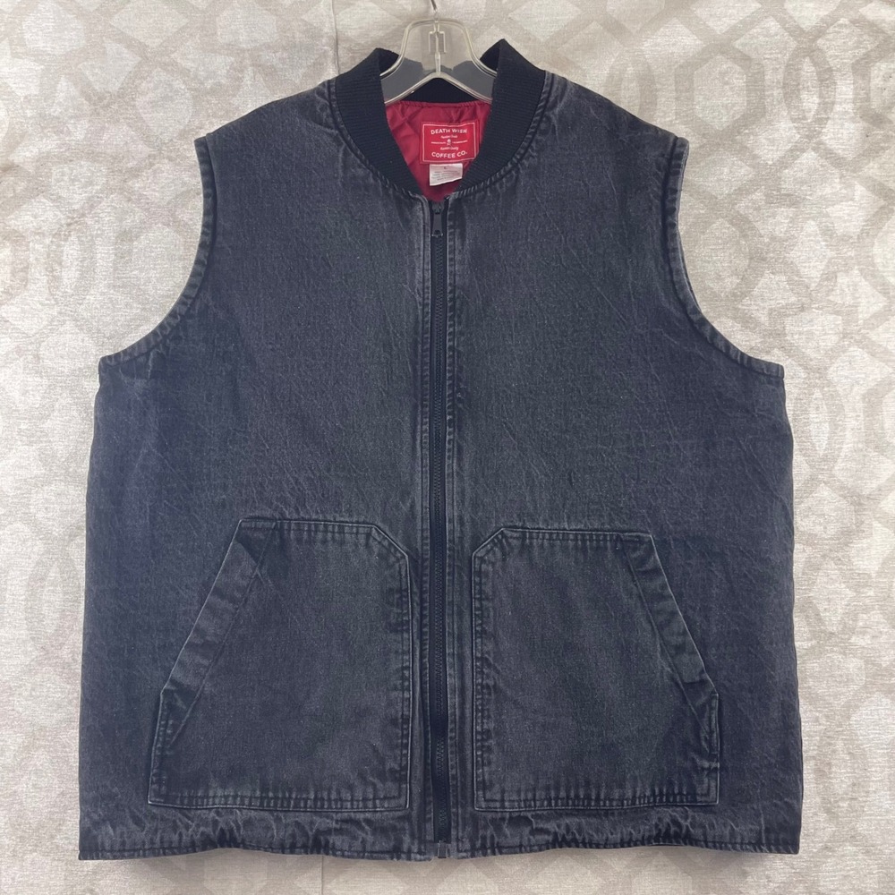 Death Wish Coffee Co‎ Mens Black Denim Quilted Vest Skull Crossbones Logo Large